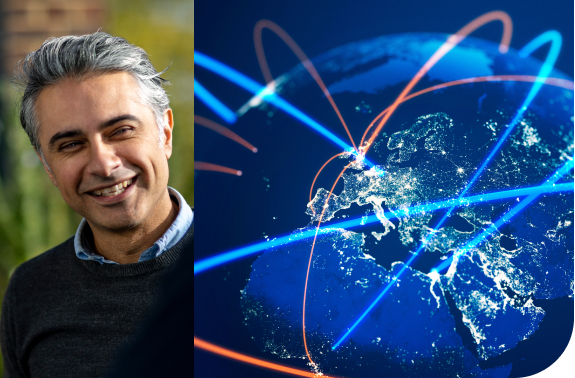 Gray haired man smiling space view of earth with network lines connecting continents