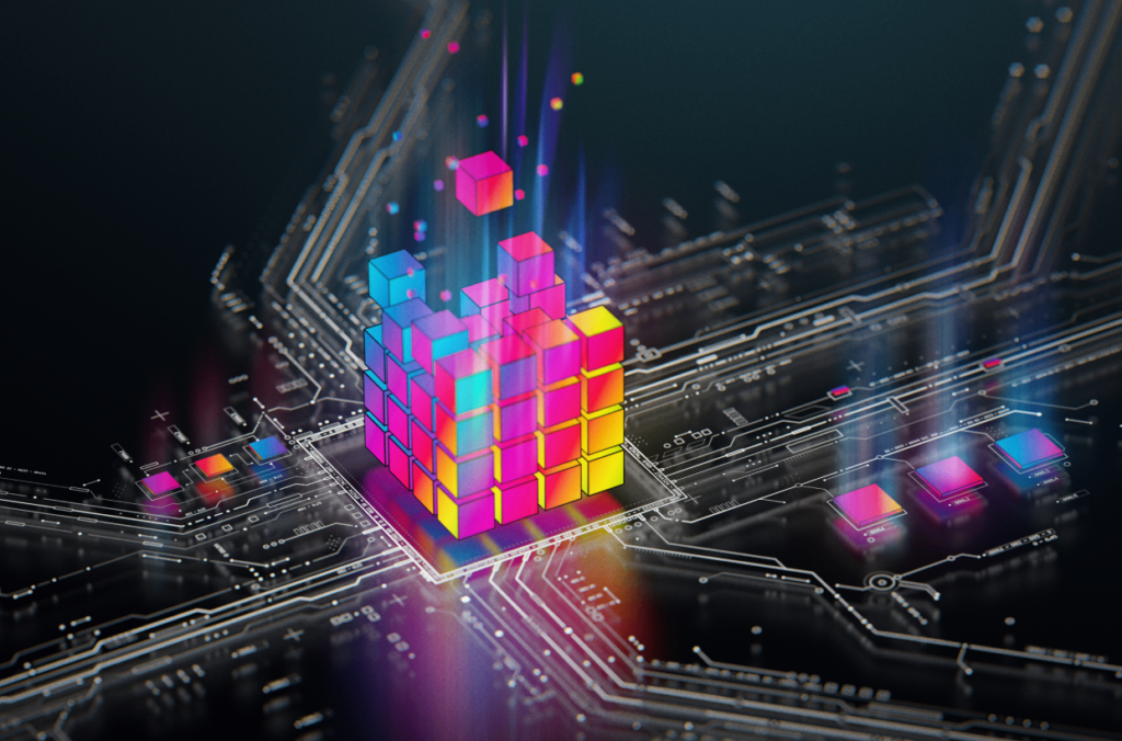 colorful abstract visualization of cubes forming within a software platform