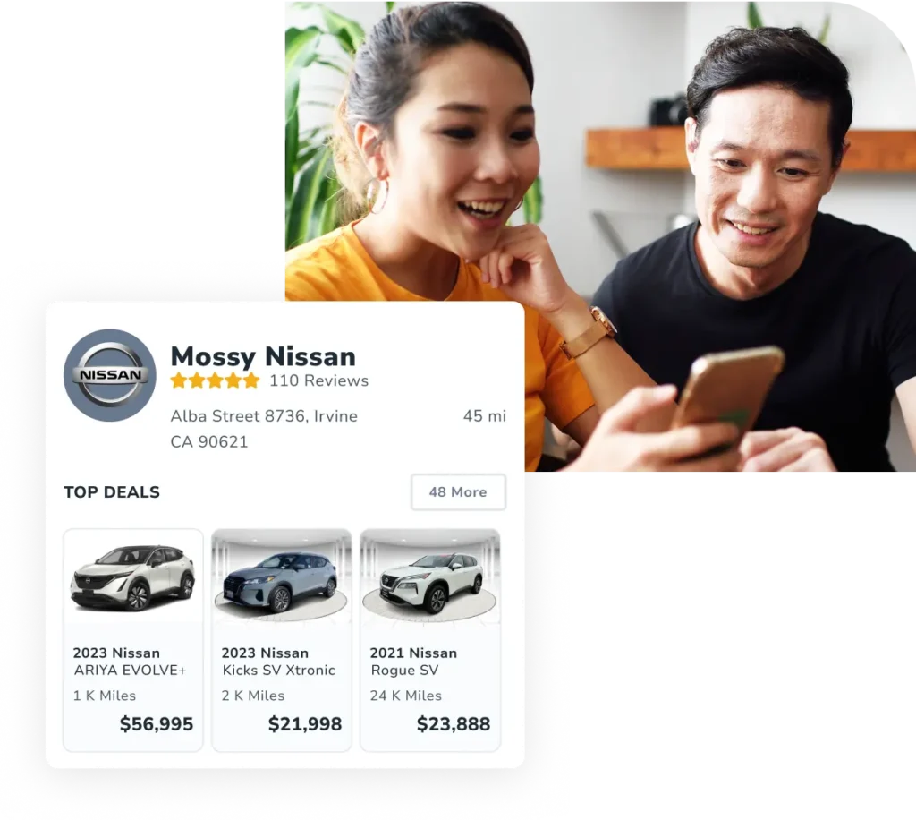 Married couple at home using a phone. UI of the AutoSMART vehicle comparison tool is overlayed with three Nissan vehicles shown for comparison