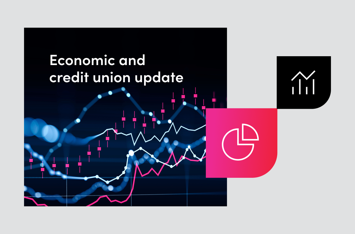 Data points graphic and icons are representative of the Economic and credit union update webinar