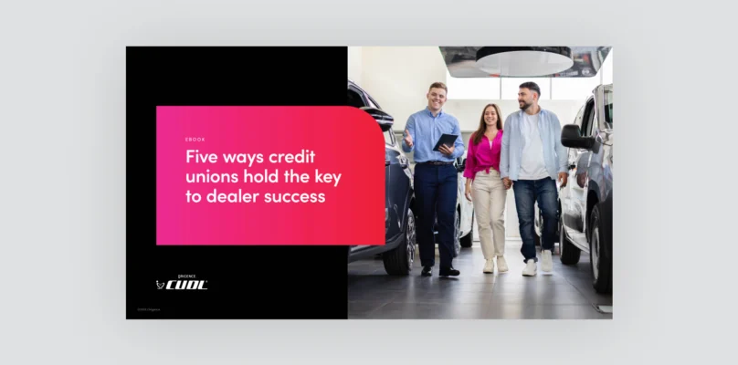 An eBook cover featuring a car salesman walking customers through a dealership showroom