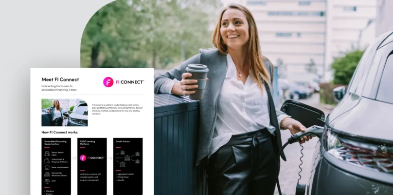 A woman charges here electric vehicle; a product sheet thumbnail is overlaid on the photo