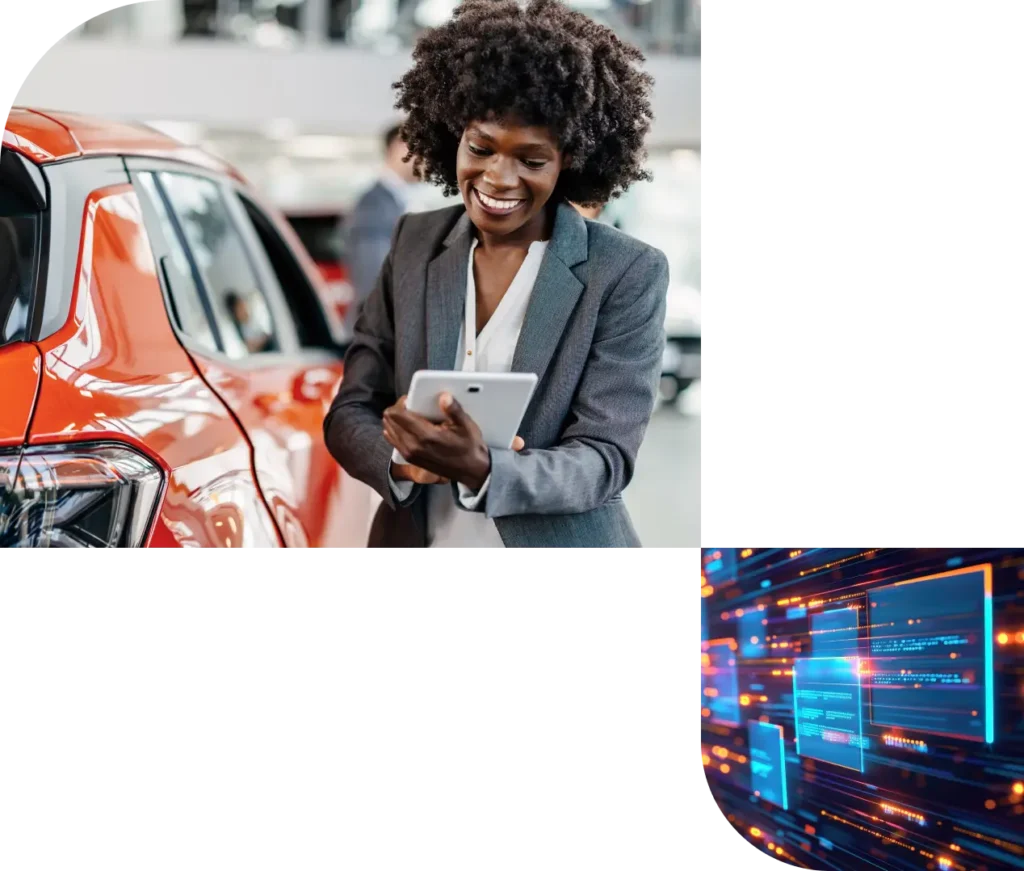 A smiling woman uses a digital tablet inside a car dealership showroom