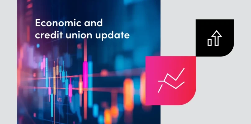 Bar chart graphic, trendline icon, and up arrow icon respresenting trends that shape your CU performance