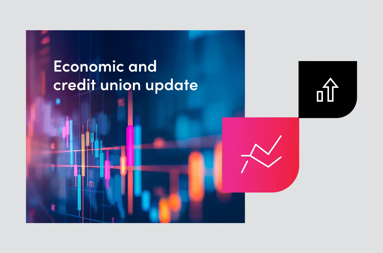 Bar chart graphic, trendline icon, and up arrow icon respresenting trends that shape your CU performance