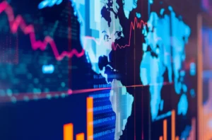 Digital map with a data trend line and bar chart representing economic uncertainty