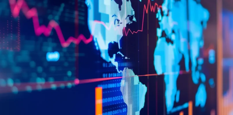 Digital map with a data trend line and bar chart representing economic uncertainty