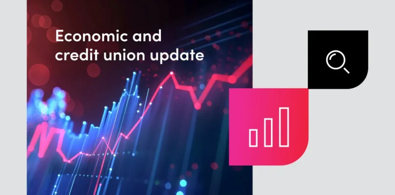 Data trend line graphic, bar chart, and magnifying glass icon representing the Economic and credit union update.