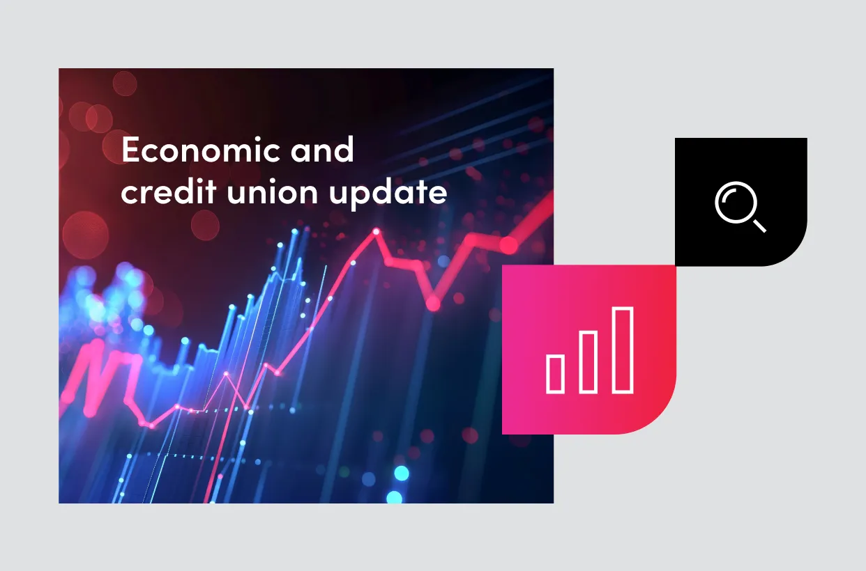 Data trend line graphic, bar chart, and magnifying glass icon representing the Economic and credit union update.