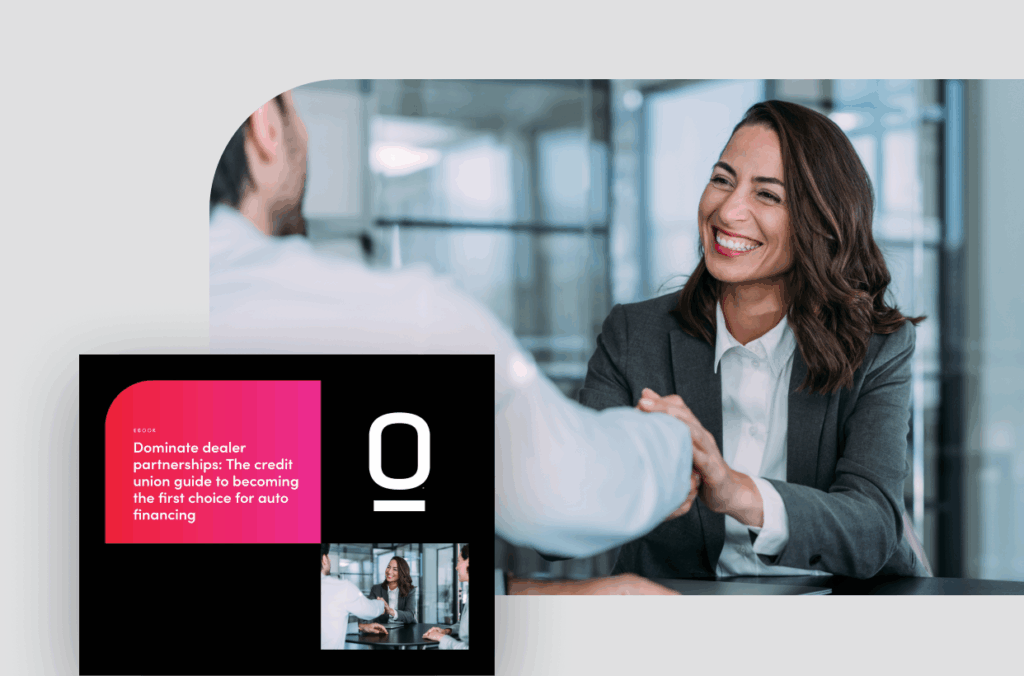 Indirect lending ebook cover depicted on a tablet with a credit union employee and credit union in the background.