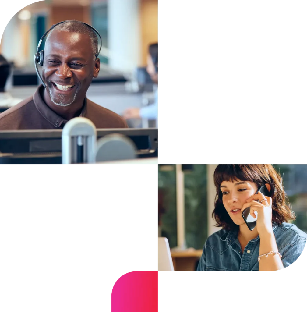 A male worker in a call center and a woman on a phone call