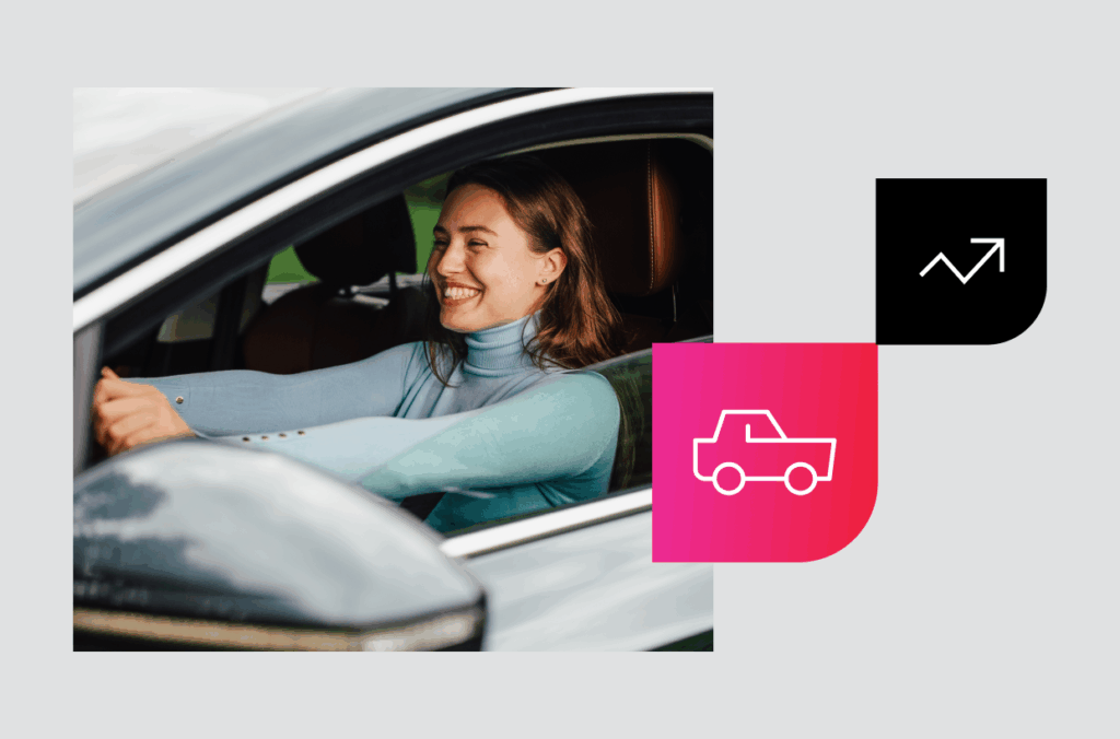 Woman test driving vehicle to the left and icons that represent CU indirect lending to the right.