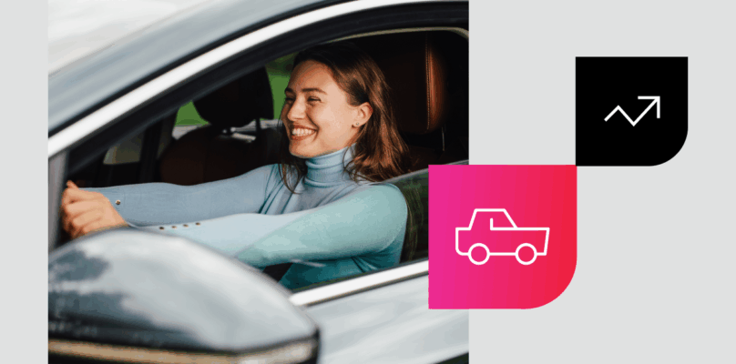 Woman test driving vehicle to the left and icons that represent CU indirect lending to the right.