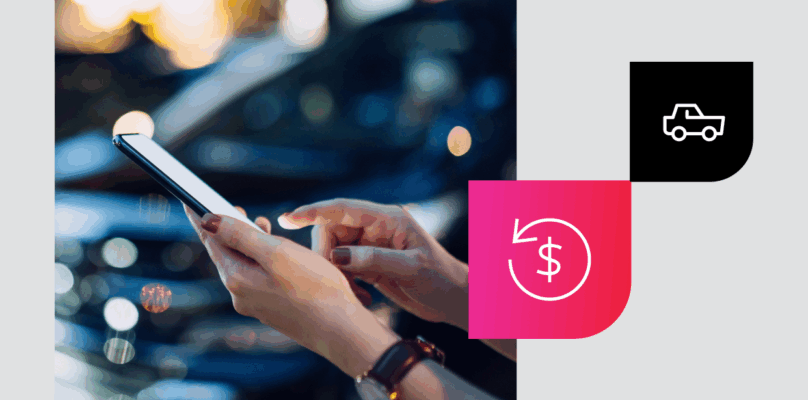 Customer viewing their financing options on their mobile device to the left and icons to the right.