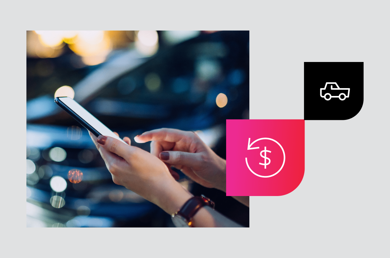 Customer viewing their financing options on their mobile device to the left and icons to the right.