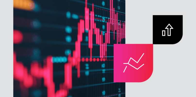 Data trend line to the left and icons to right