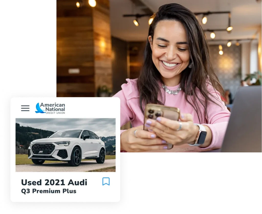 A woman views an AutoSMART vehicle listing from her phone