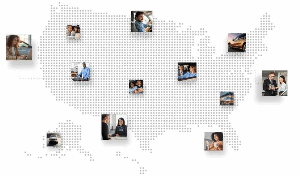 A map of the United States featuring photos of lenders and credit union members across the nation