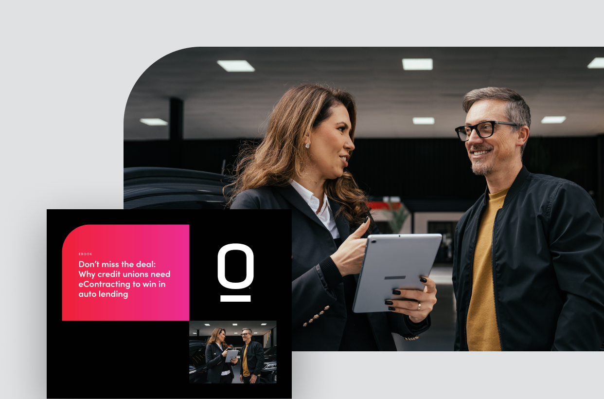 eBook cover to left and auto finance specialist showing the customer their loan documents on a tablet to the right.