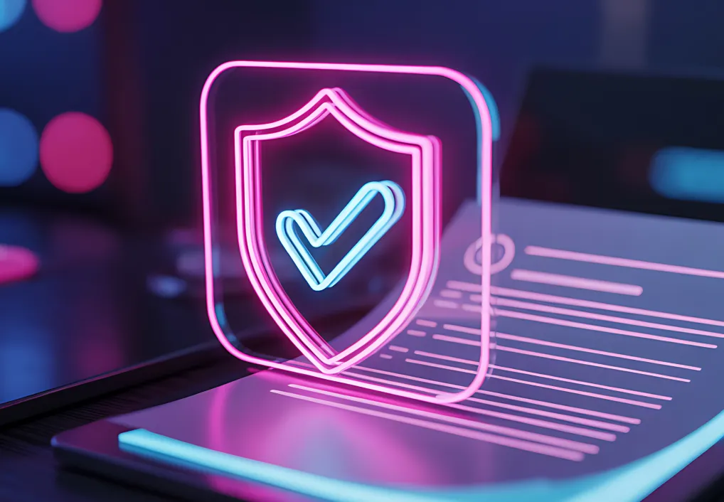 An abstract 3D illustration of a digital document with a shield and checkmark icon