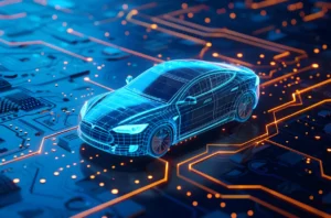 A graphic of a futuristic vehicle representing the acceleration of credit union auto lending application processing.