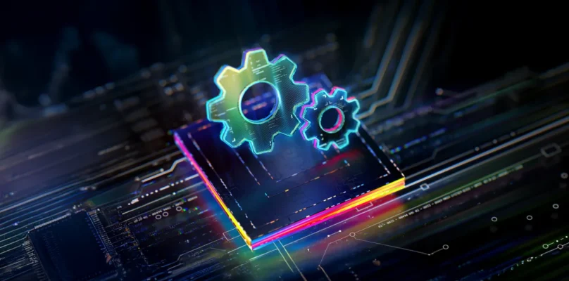 A graphic of digital gears hovering over a digital file representing the role of automation.