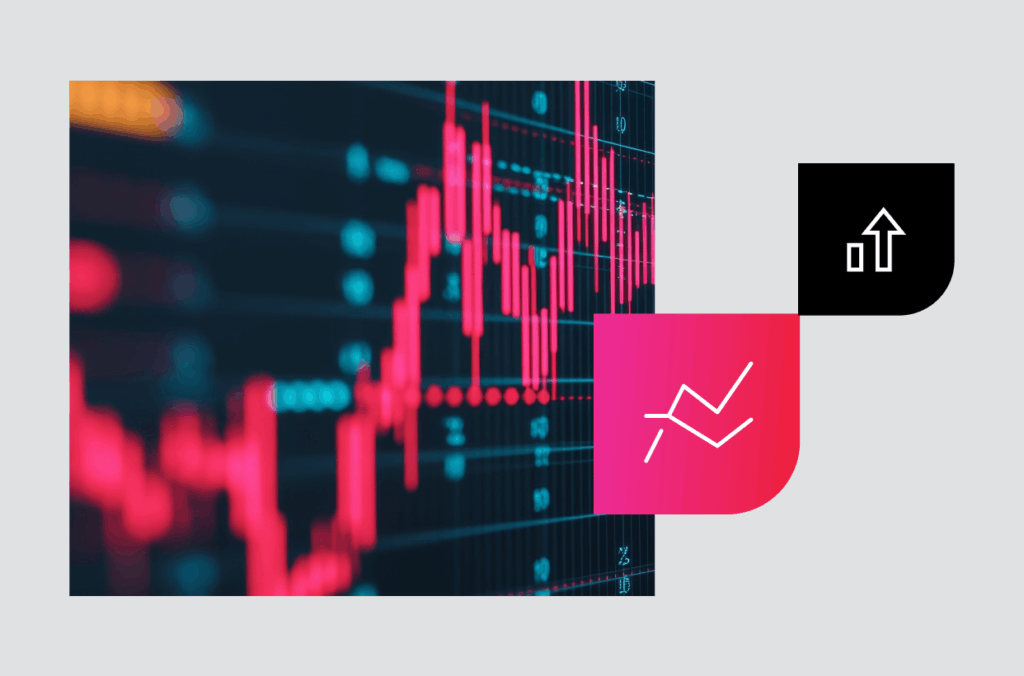 A trending upward data graph with icons overlaid representing economic trends and credit union outlook.