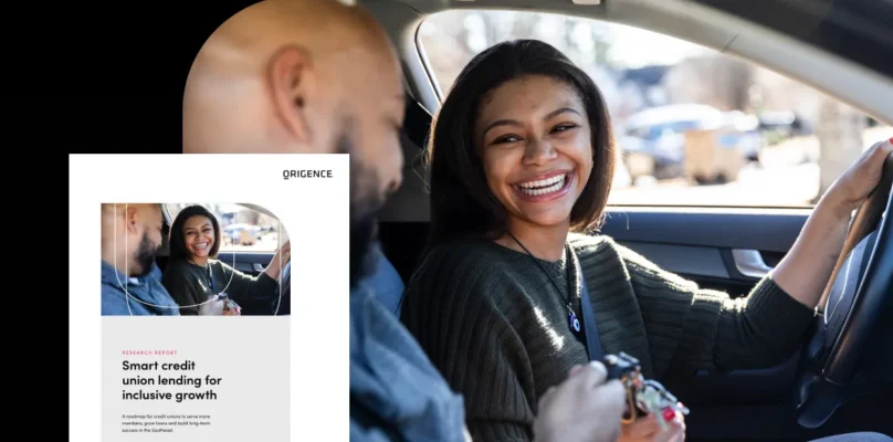 Women test driving a vehicle in the background with the cover of the Origence marketing research report cover depicted in the lower left corner.