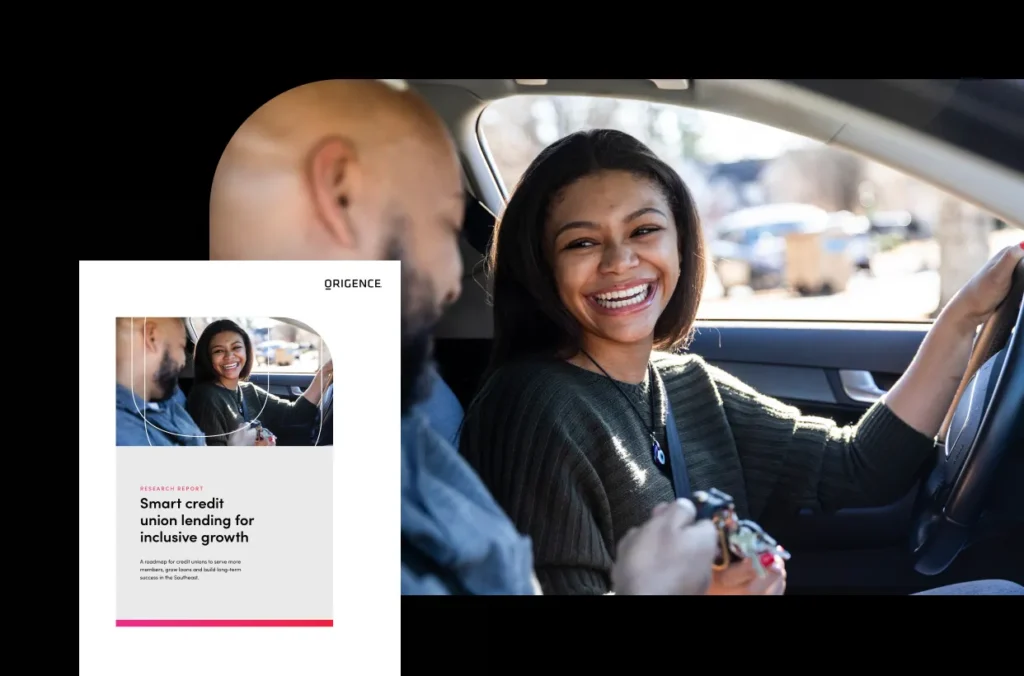 A woman that is test driving a vehicle. On the bottom left is the cover of the market research report representing credit union membership growth.