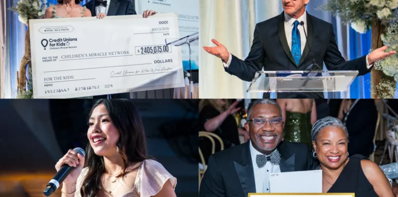 Collage of moments from the 2026 Credit Unions for Kids Wine Auction