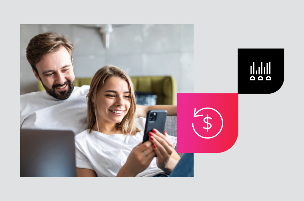 Two credit union members viewing their digital application on a phone to the left and icons representing a loan origination system to the right.