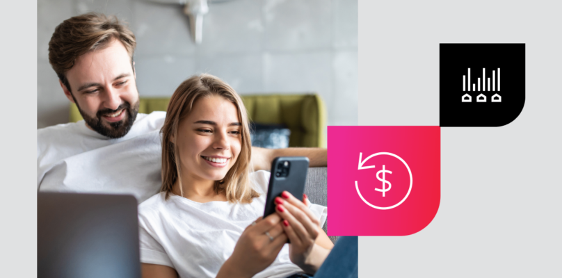 Two credit union members viewing their digital application on a phone to the left and icons representing a loan origination system to the right.