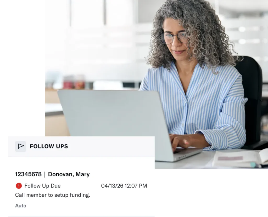 a woman works at a desk with a software UI overlay