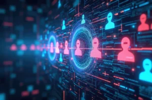 A graphic of people icons with data point traveling in space behind them representing deepfake fraud.