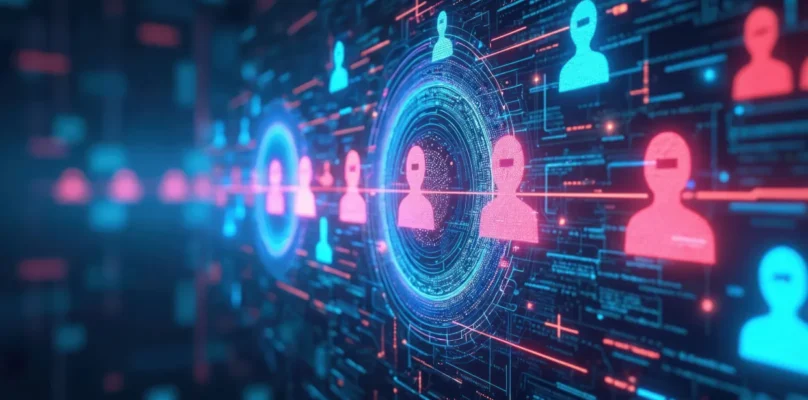 A graphic of people icons with data point traveling in space behind them representing deepfake fraud.