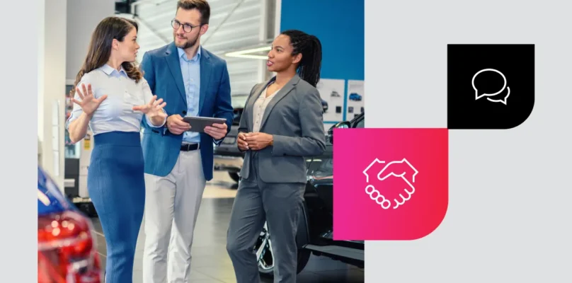 Car buyers engaging with a salesperson to the left and icon representative of the auto lending experience.
